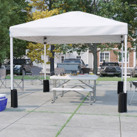 Flash Furniture JJ-GZ10PKG103-WH-GG 10'x10' White Pop Up Event Canopy Tent with Wheeled Case and Folding Bench Set - Portable Tailgate, Camping, Event Set
